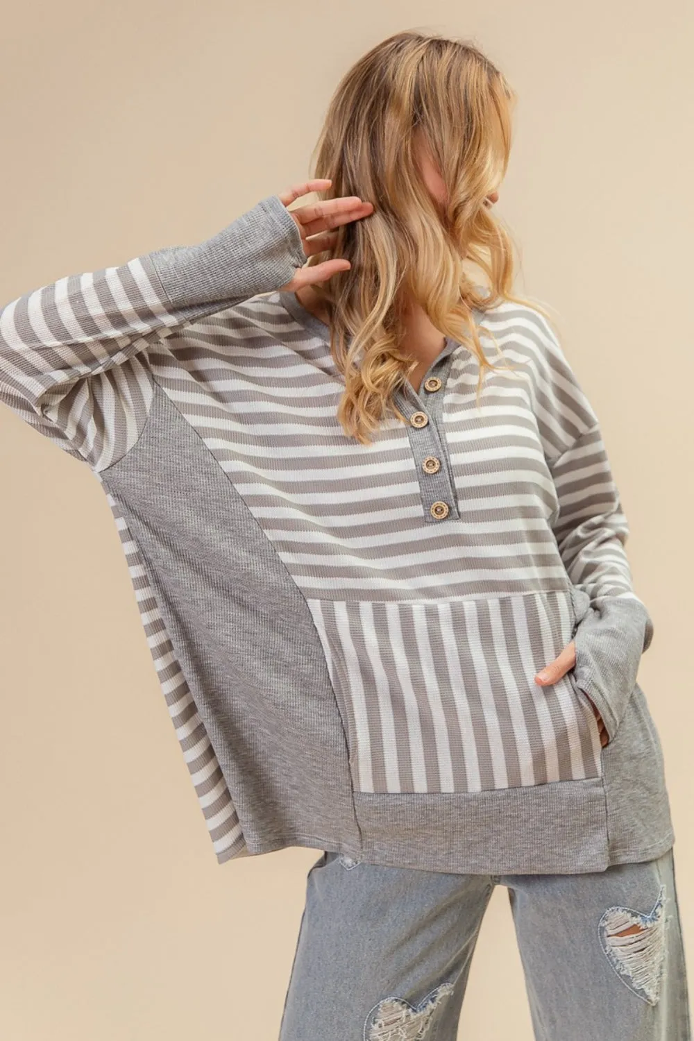 BiBi Striped Thumbhole Long Sleeve Top for Winter Wear