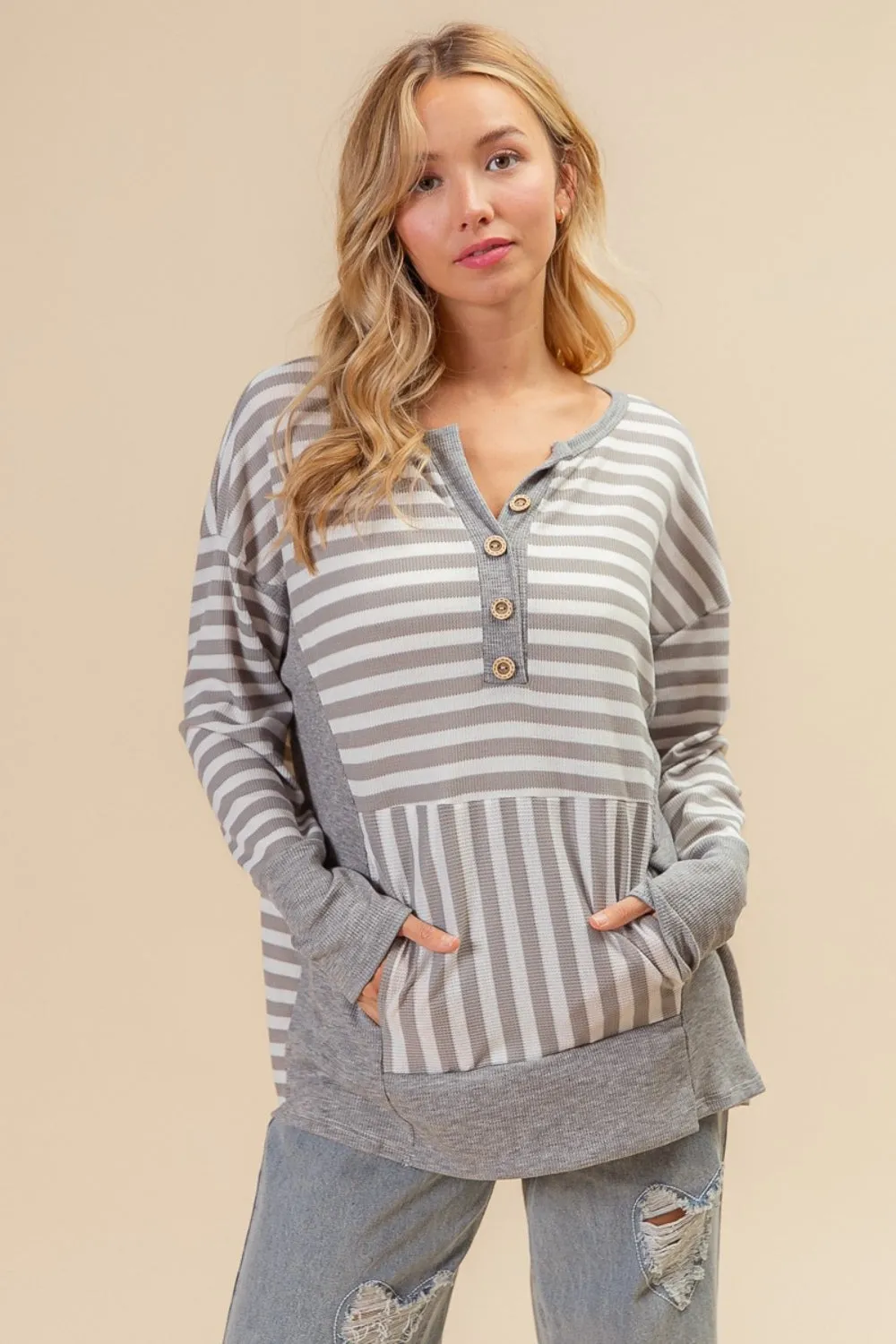 BiBi Striped Thumbhole Long Sleeve Top for Winter Wear