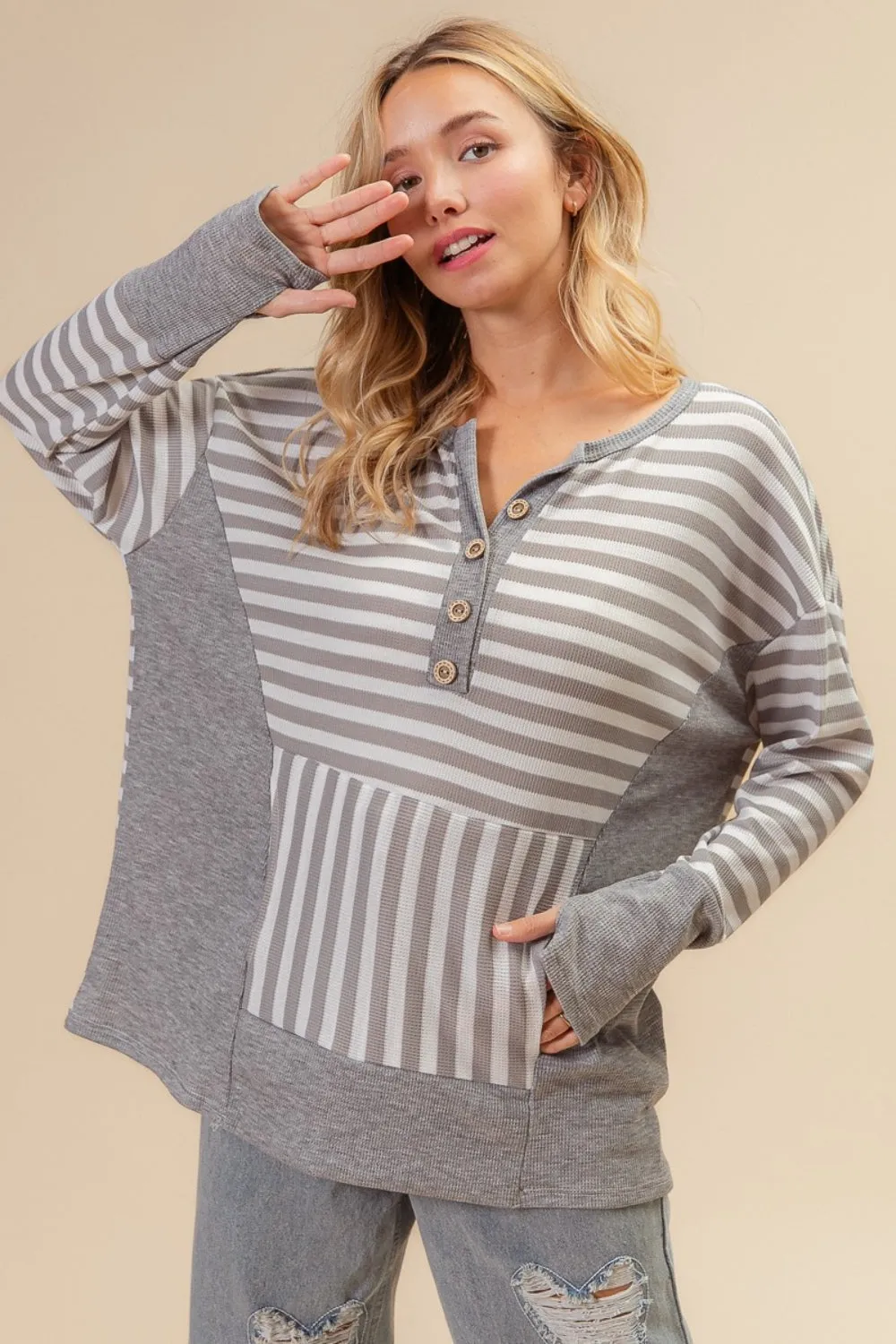 BiBi Striped Thumbhole Long Sleeve Top for Winter Wear