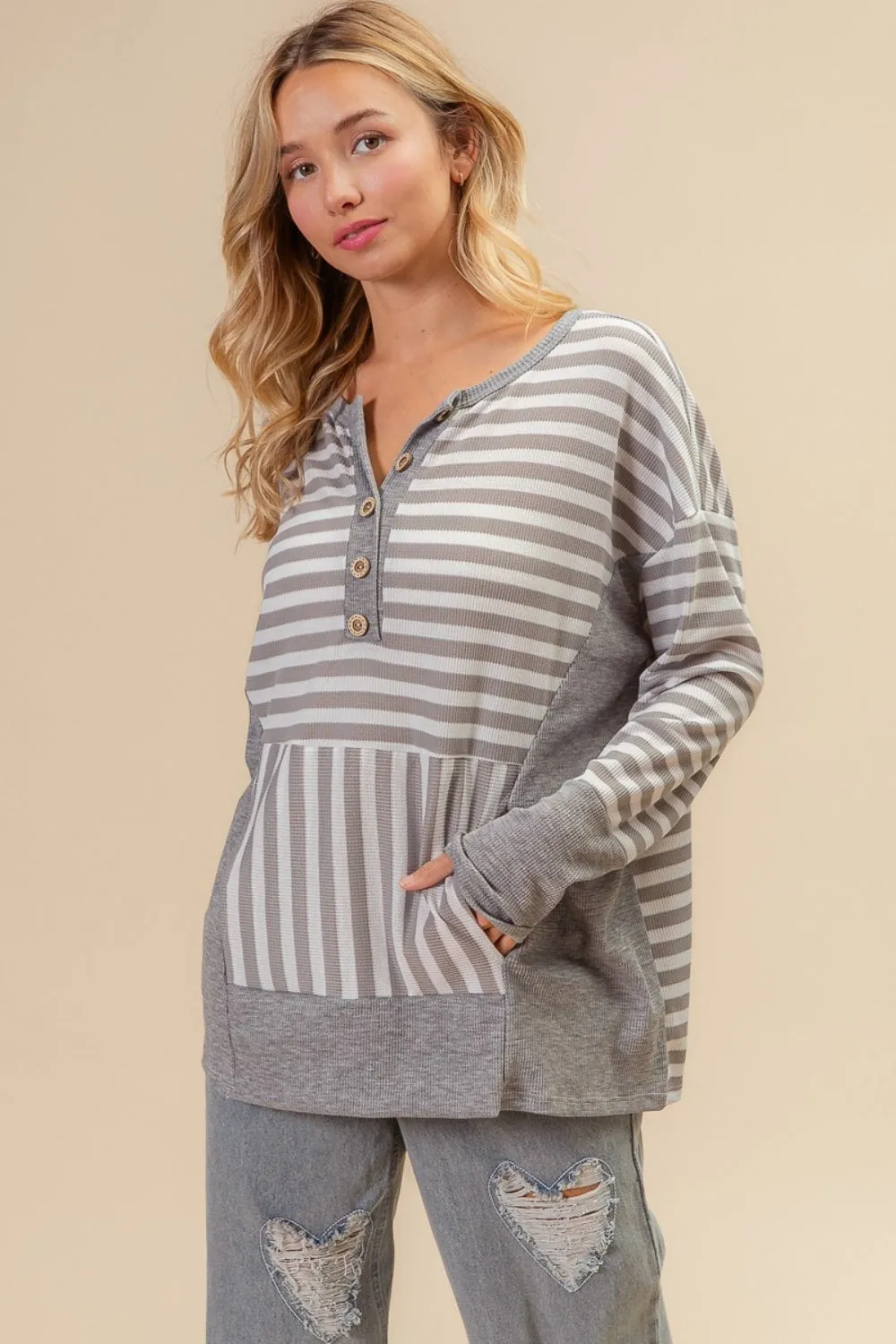 BiBi Striped Thumbhole Long Sleeve Top for Winter Wear