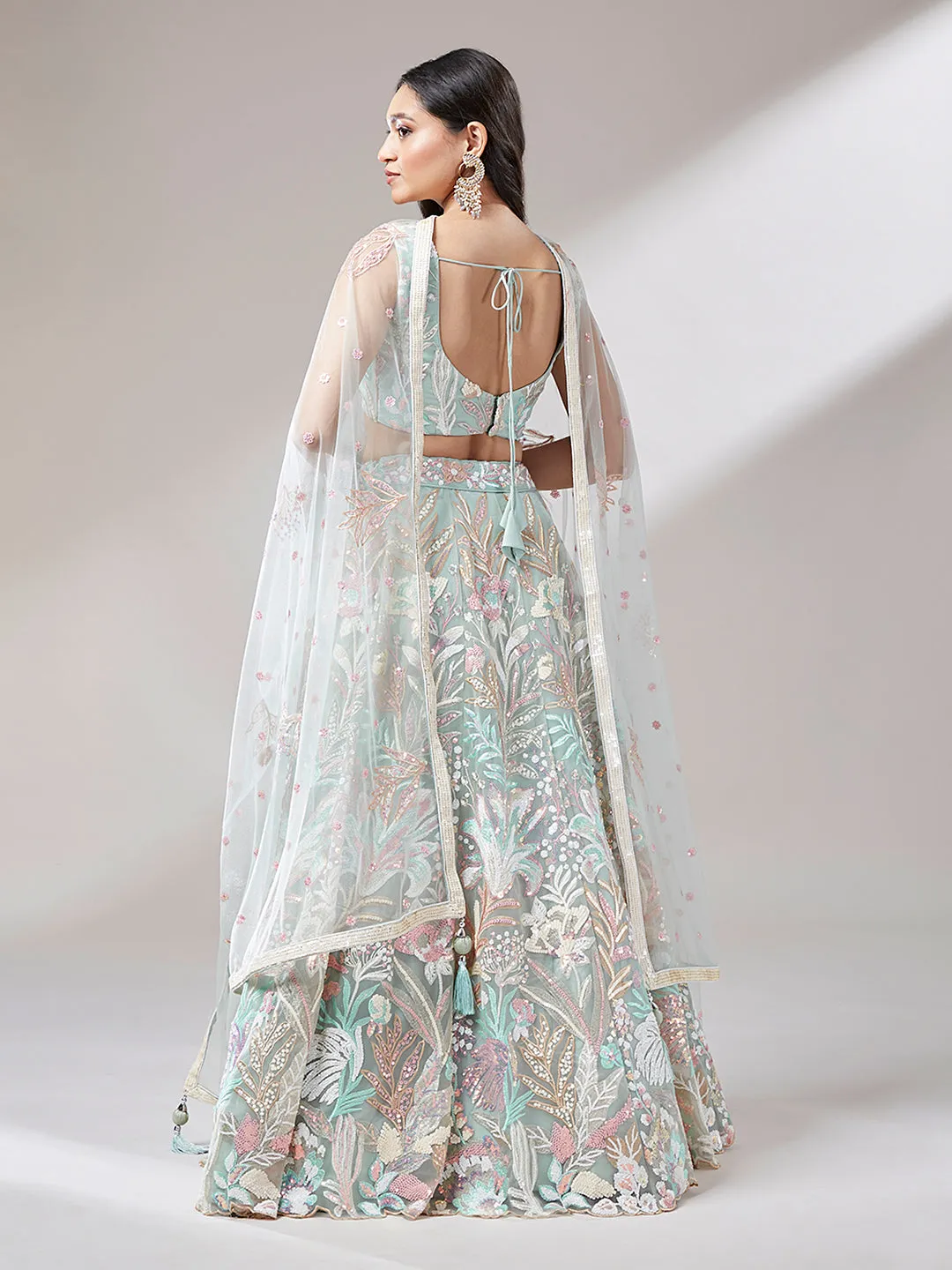 Lime Green Net Embroidered Lehenga Set