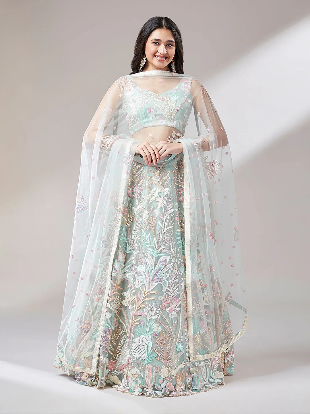 Lime Green Net Embroidered Lehenga Set