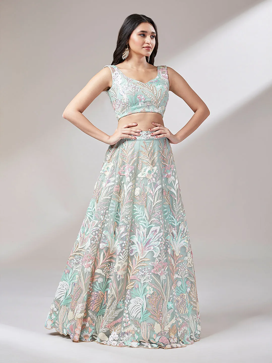 Lime Green Net Embroidered Lehenga Set