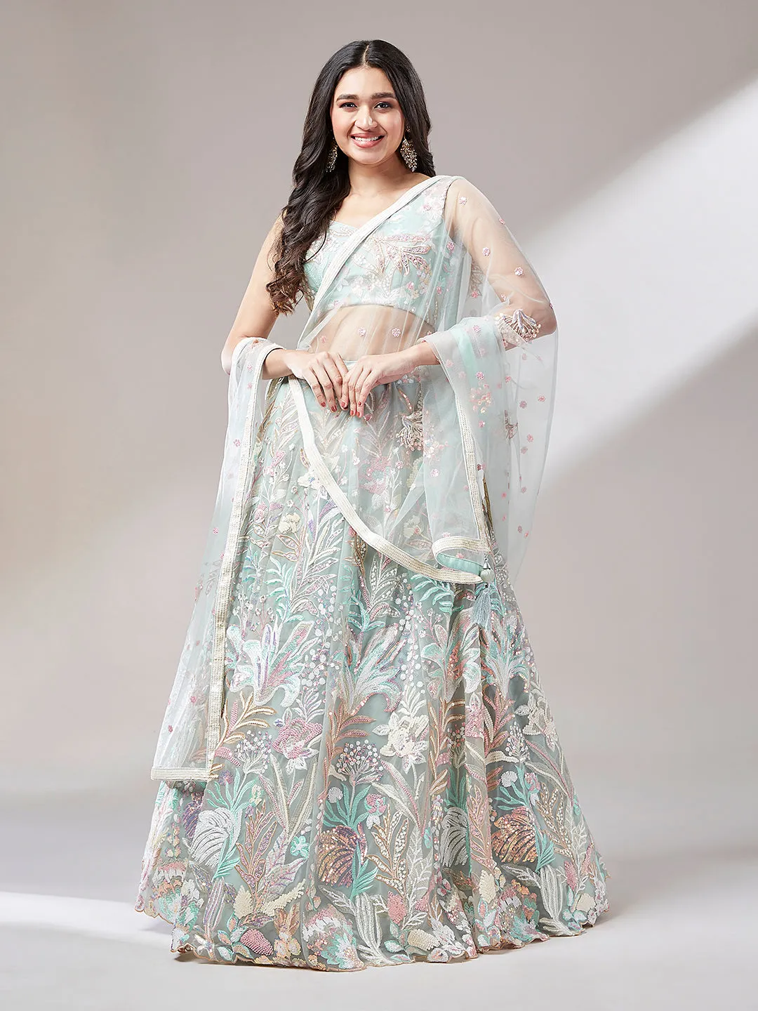 Lime Green Net Embroidered Lehenga Set
