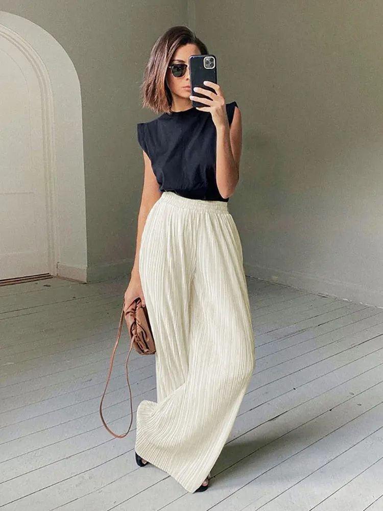 Mnealways18 Beige Pleated Wide Leg Pants Womens Pants Fashion 2023 Casual Loose Trousers