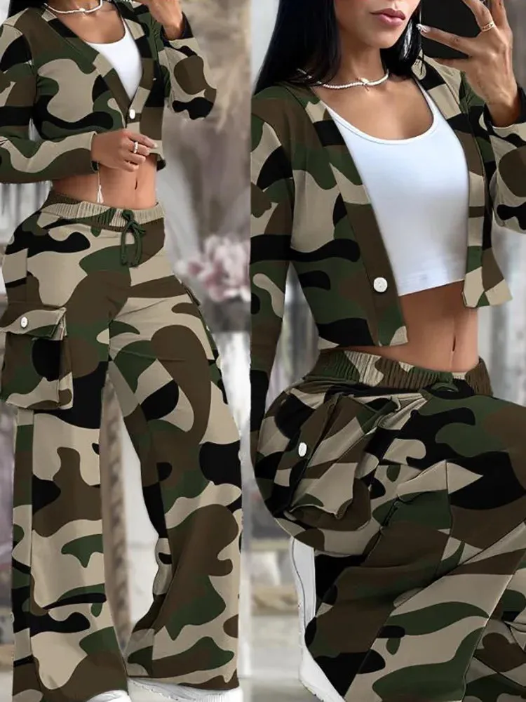 UAKISS  -  2025 Spring Autumn Two Pieces Matching Sets, Women Short Top Loungewear Outfit, Wide Leg Pants Fashion Ladies Suits Dropshipping