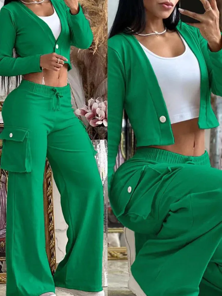 UAKISS  -  2025 Spring Autumn Two Pieces Matching Sets, Women Short Top Loungewear Outfit, Wide Leg Pants Fashion Ladies Suits Dropshipping