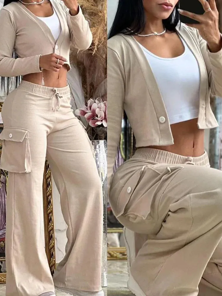 UAKISS  -  2025 Spring Autumn Two Pieces Matching Sets, Women Short Top Loungewear Outfit, Wide Leg Pants Fashion Ladies Suits Dropshipping