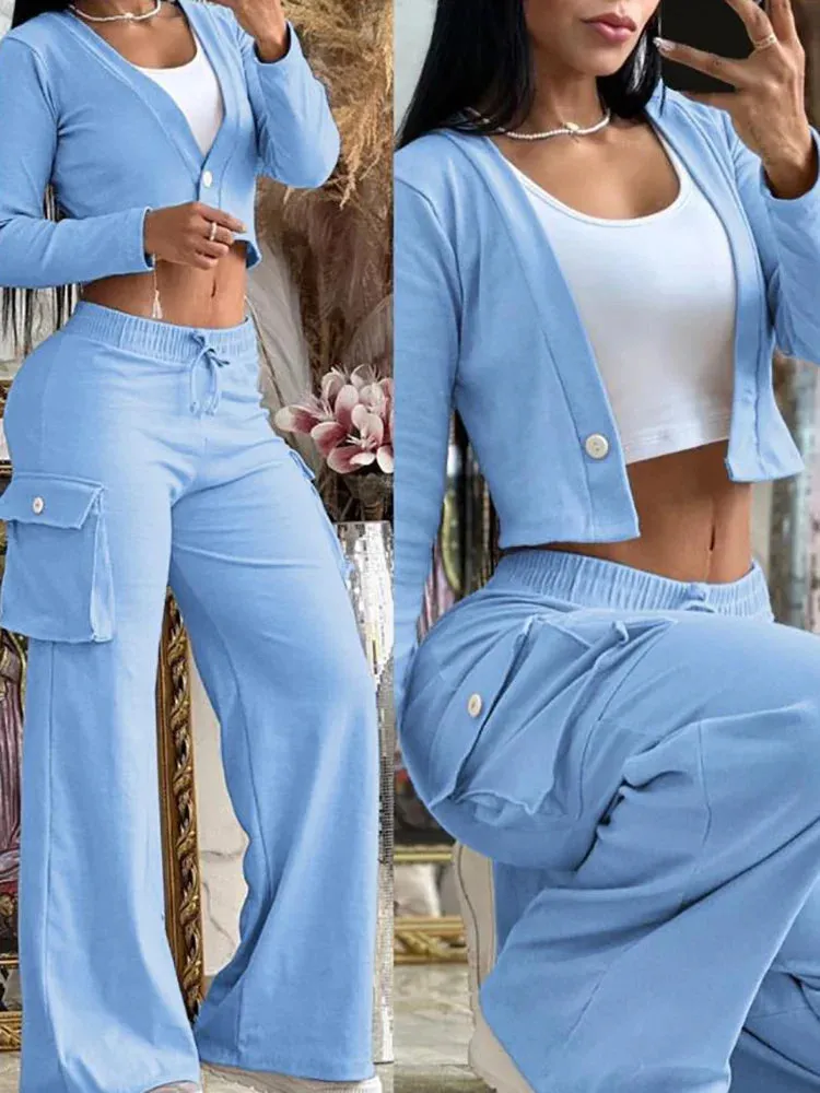 UAKISS  -  2025 Spring Autumn Two Pieces Matching Sets, Women Short Top Loungewear Outfit, Wide Leg Pants Fashion Ladies Suits Dropshipping