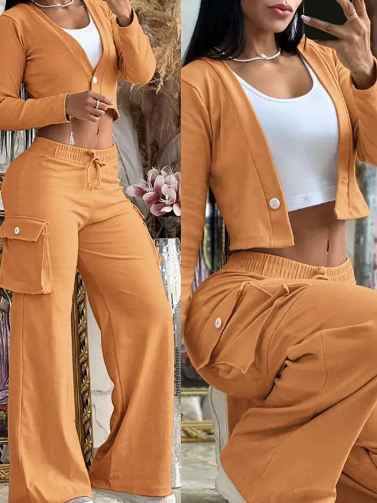 UAKISS  -  2025 Spring Autumn Two Pieces Matching Sets, Women Short Top Loungewear Outfit, Wide Leg Pants Fashion Ladies Suits Dropshipping