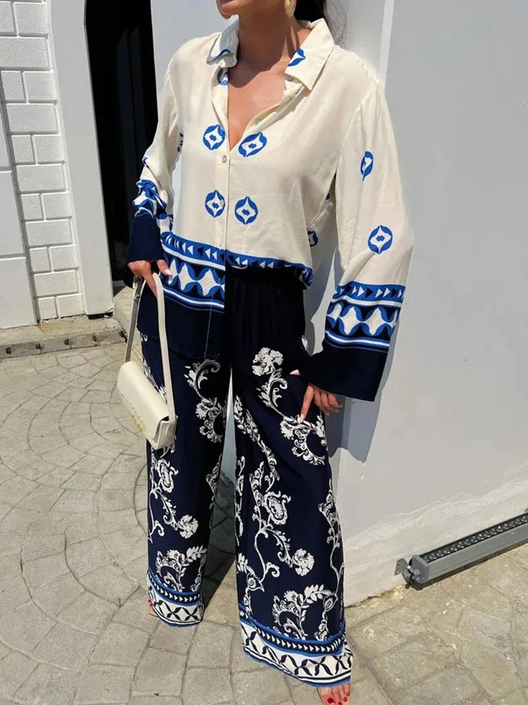 UAKISS  -  New Straight Pants Fashion Printed Outfit, Women Spring Summer Long Sleeve Cardigan Top 2PCS Sets, Patchwork Simple Ladies Suits