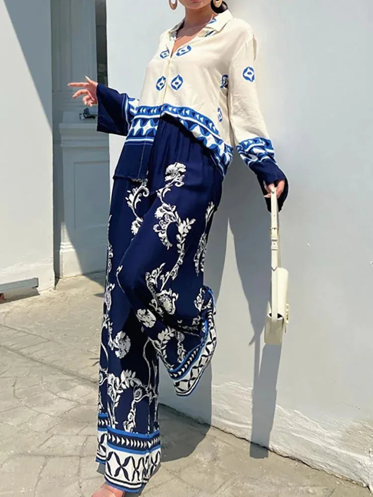 UAKISS  -  New Straight Pants Fashion Printed Outfit, Women Spring Summer Long Sleeve Cardigan Top 2PCS Sets, Patchwork Simple Ladies Suits