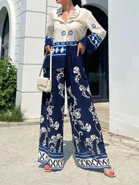 UAKISS  -  New Straight Pants Fashion Printed Outfit, Women Spring Summer Long Sleeve Cardigan Top 2PCS Sets, Patchwork Simple Ladies Suits