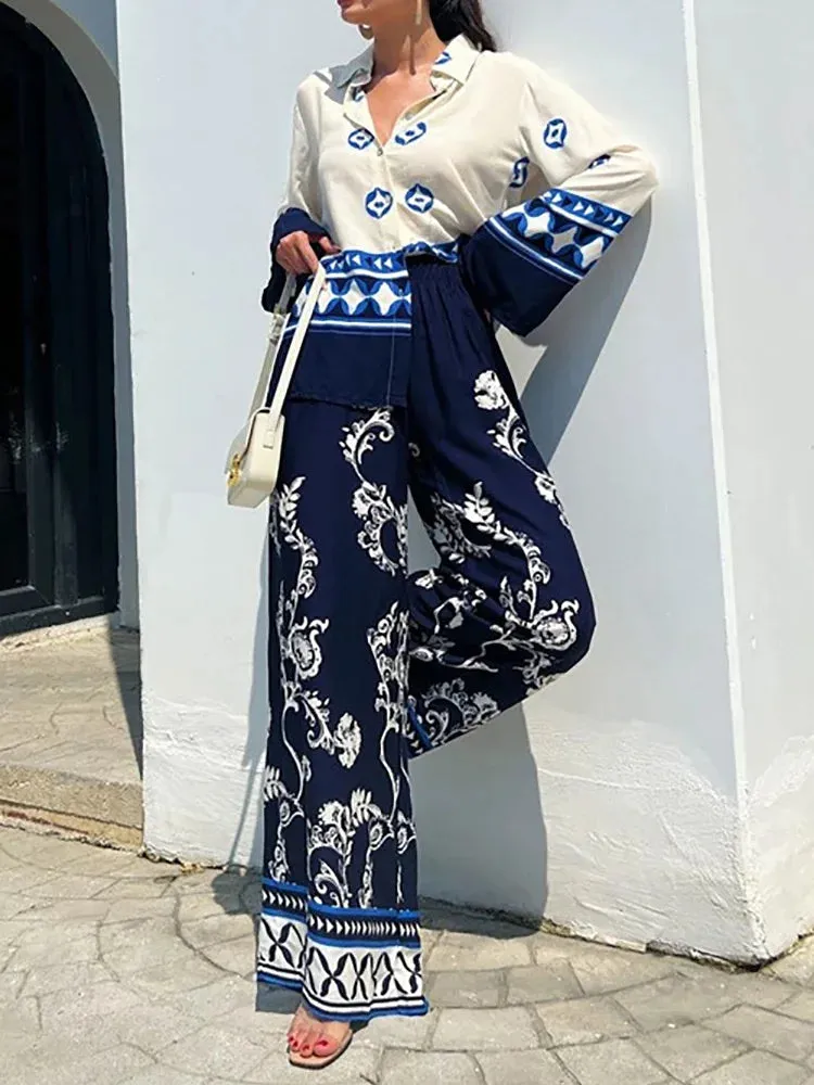 UAKISS  -  New Straight Pants Fashion Printed Outfit, Women Spring Summer Long Sleeve Cardigan Top 2PCS Sets, Patchwork Simple Ladies Suits