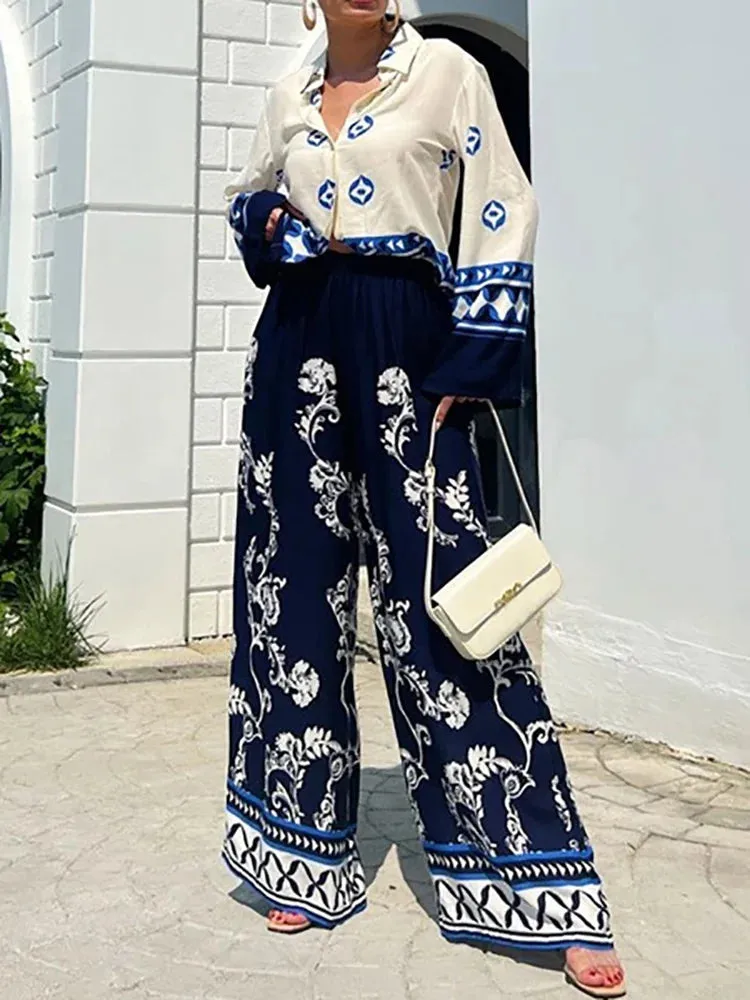 UAKISS  -  New Straight Pants Fashion Printed Outfit, Women Spring Summer Long Sleeve Cardigan Top 2PCS Sets, Patchwork Simple Ladies Suits