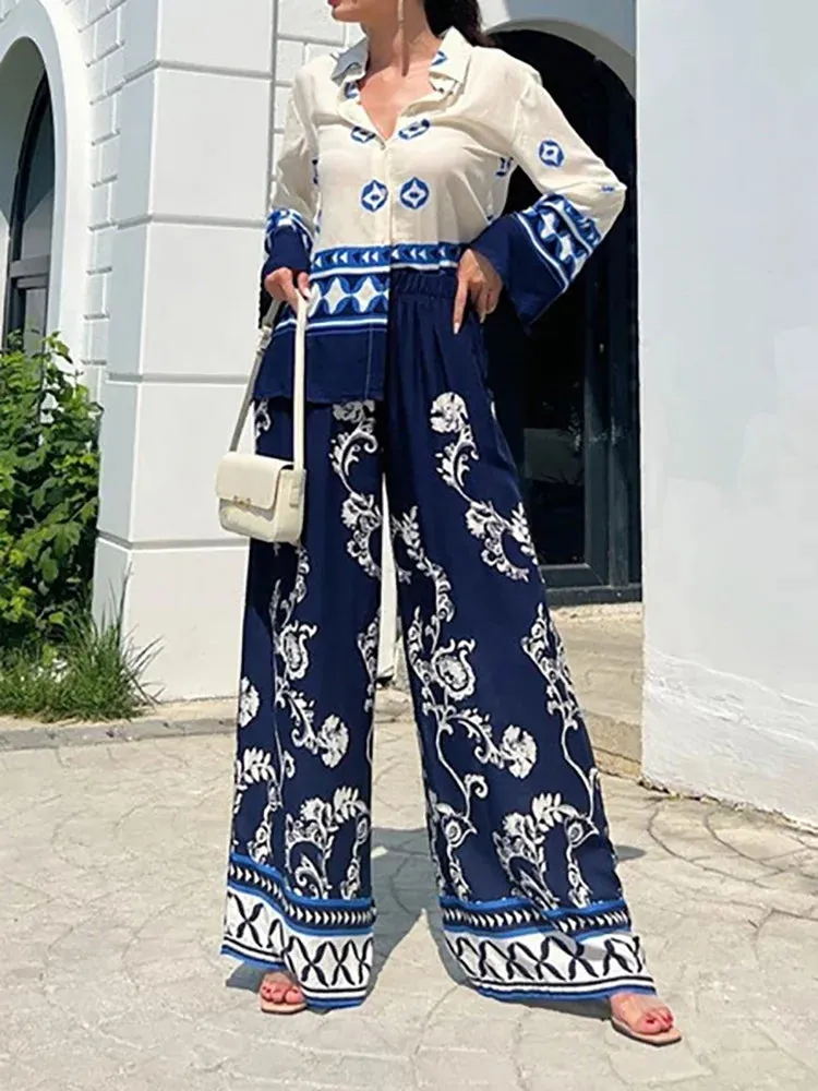 UAKISS  -  New Straight Pants Fashion Printed Outfit, Women Spring Summer Long Sleeve Cardigan Top 2PCS Sets, Patchwork Simple Ladies Suits