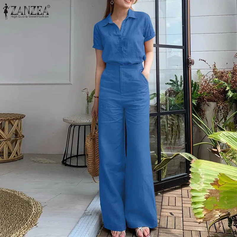 Women's Summer Short Sleeve Shirt Loose Wide Leg Pants 993032 2XL